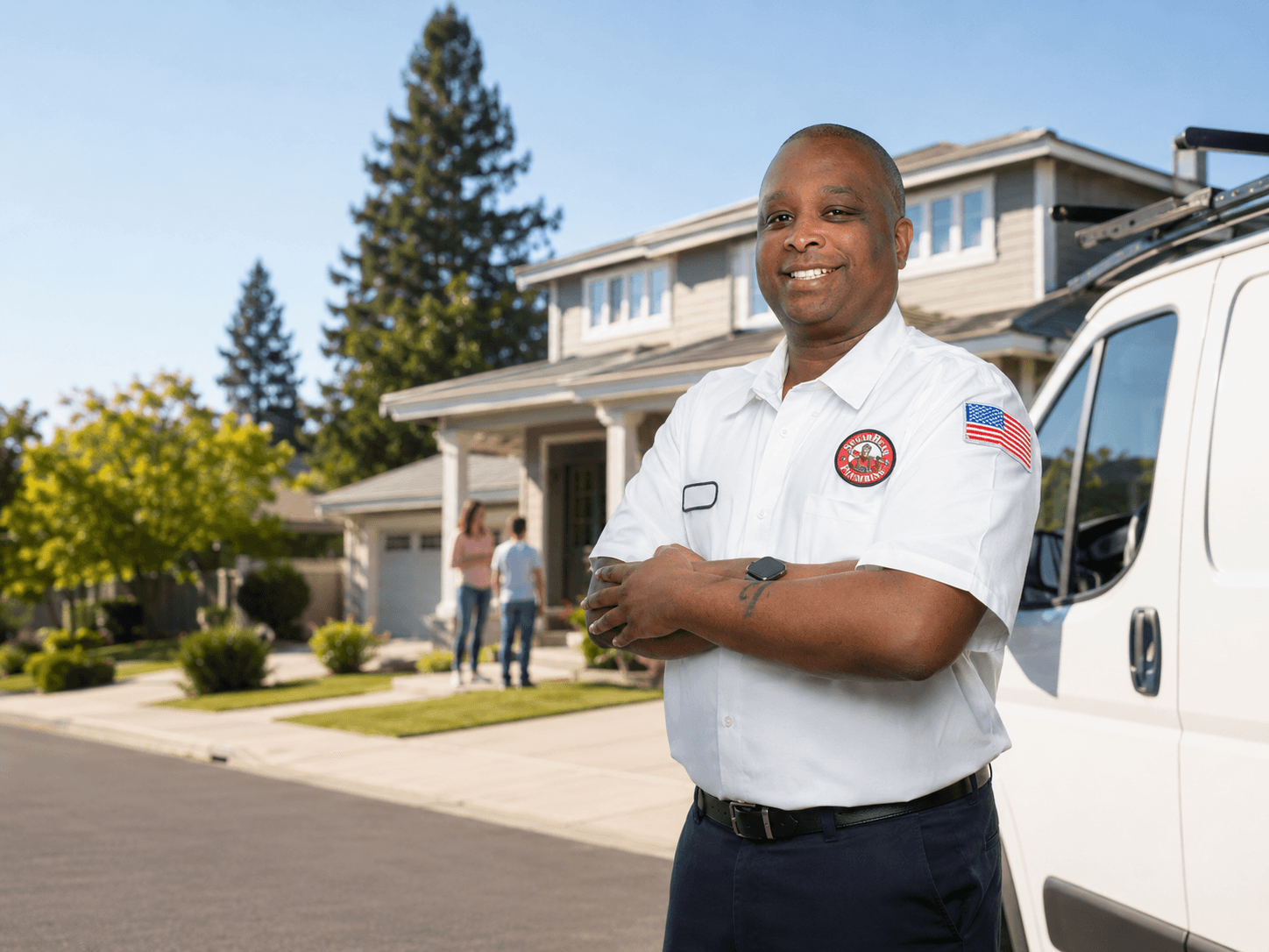 Sugar Bear technician at a Bay Area home with a service van