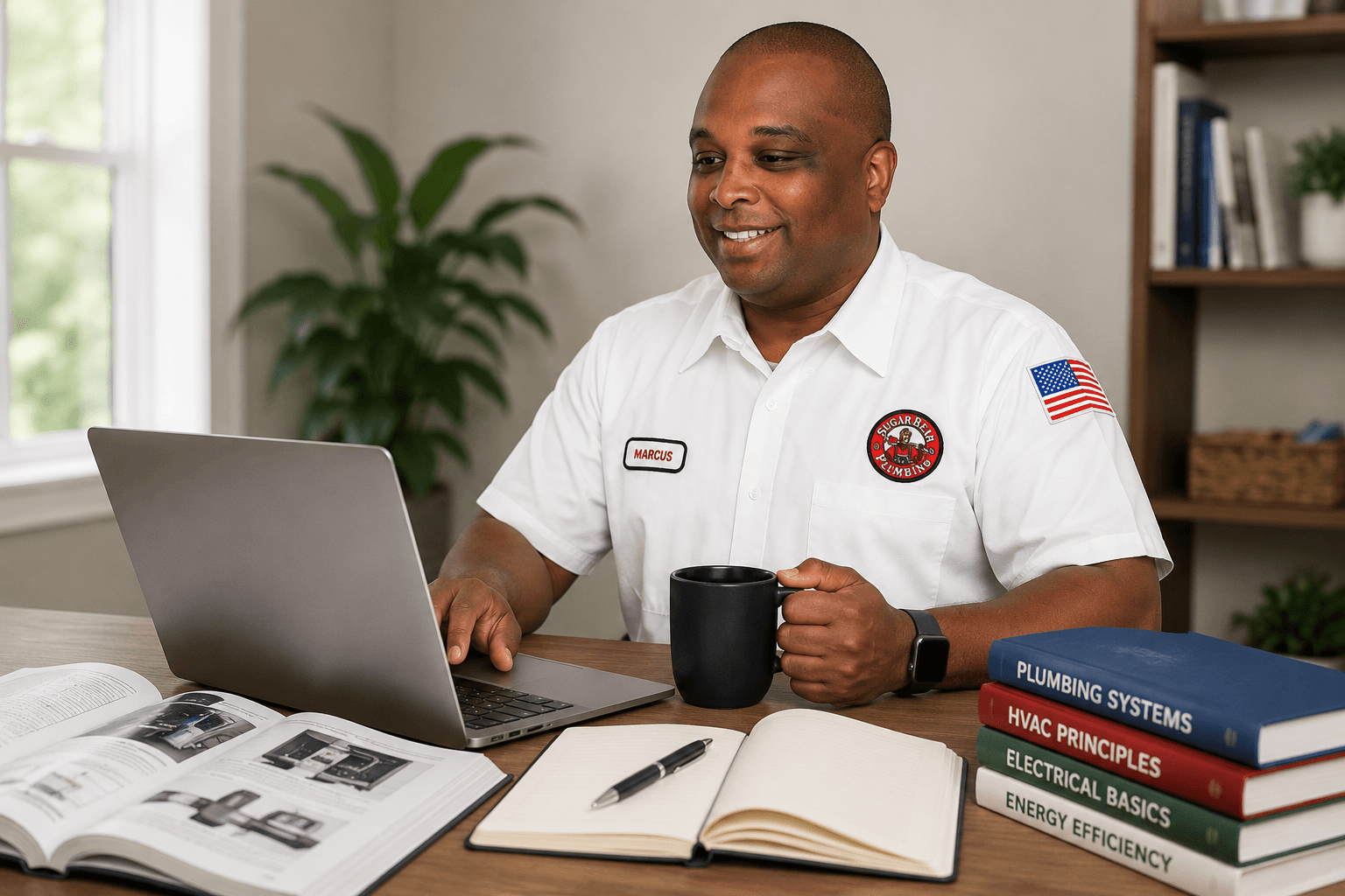 Sugar Bear technician Marcus reviewing plumbing, HVAC, and electrical resources