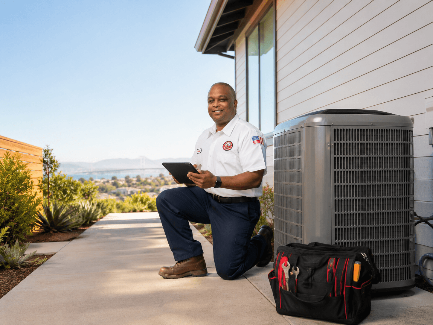 Sugar Bear technician servicing an outdoor heat pump unit