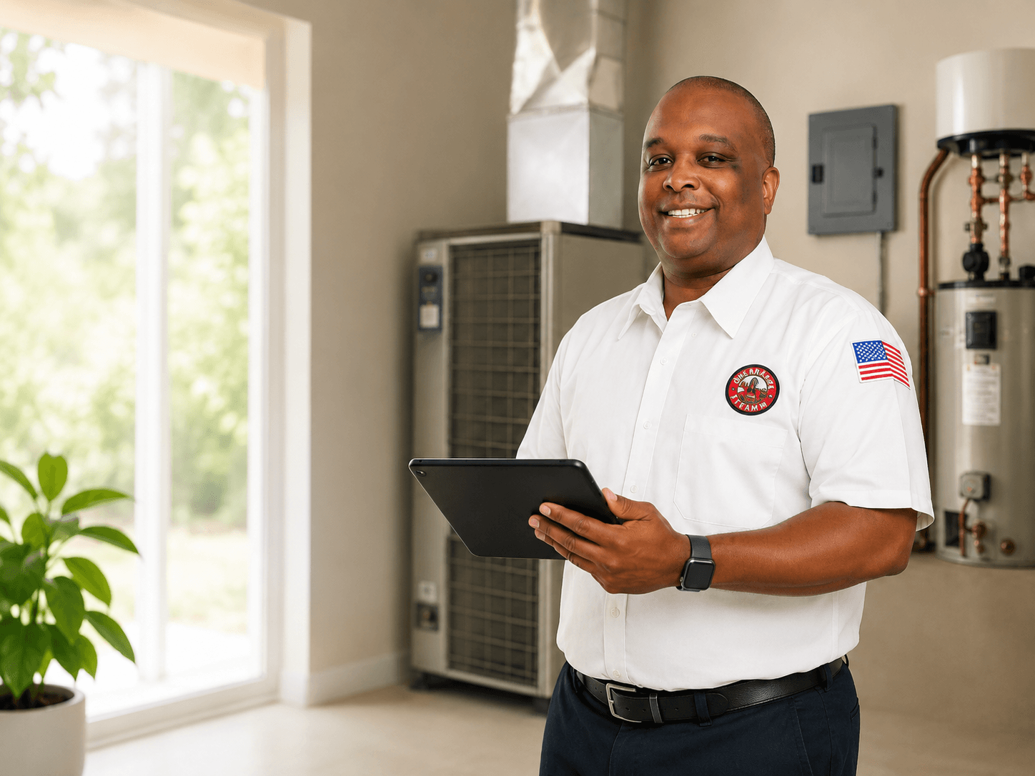 Sugar Bear technician reviewing home systems in a utility room