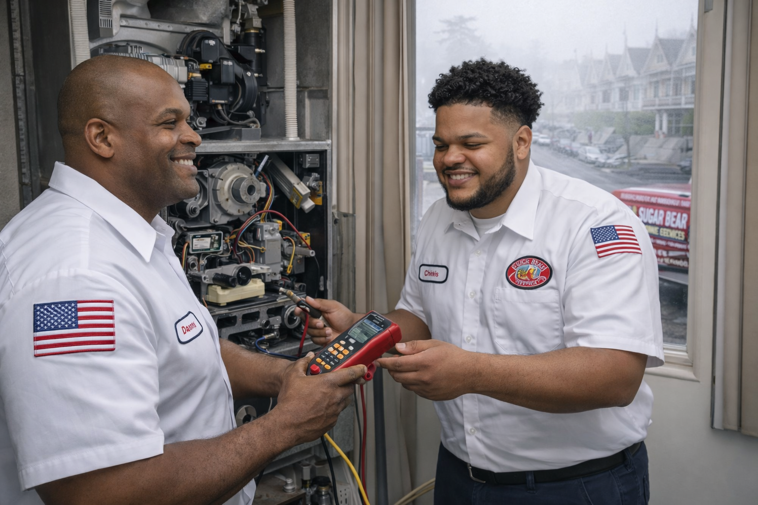 Technician performing furnace maintenance and safety inspection in the Bay Area