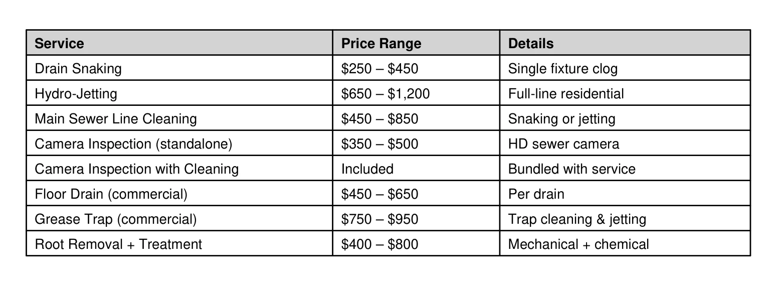 drain cleaning pricing table