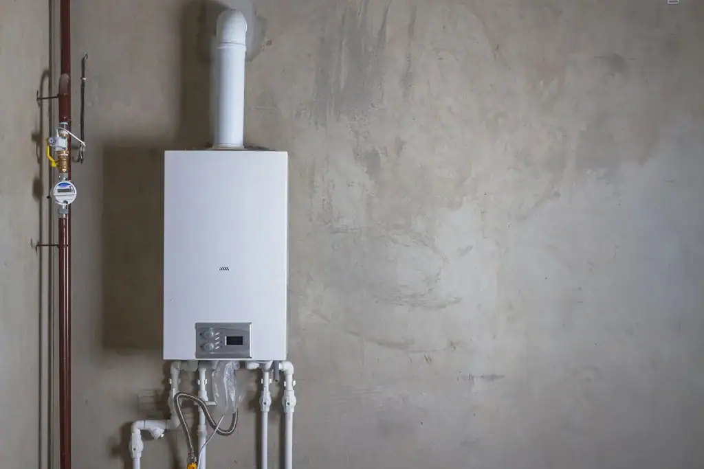 A white wall-mounted gas boiler with pipes and a control panel is installed on a plain, unfinished concrete wall. A gas meter and shut-off valve are visible on a vertical red pipe to the left of the boiler.