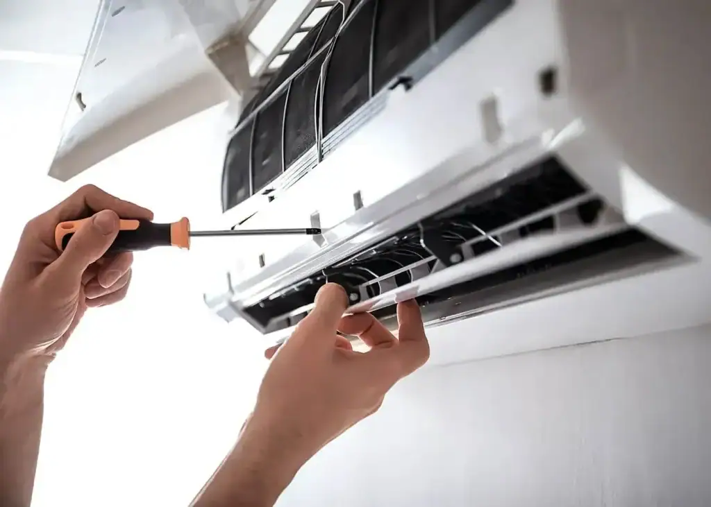 A person uses a screwdriver to repair or maintain an air conditioner mounted on a wall, with the front cover open.
