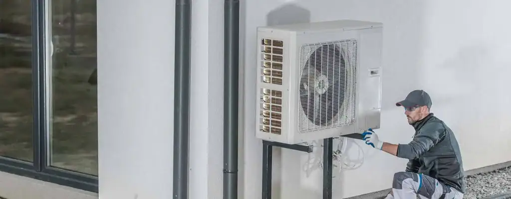 A technician wearing gloves and a cap installs or repairs an outdoor air conditioning unit mounted on a wall outside a building.