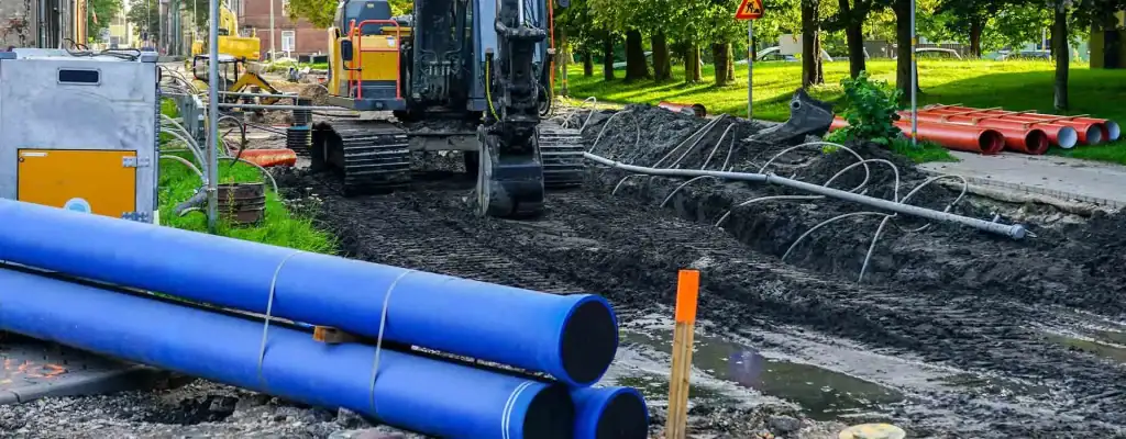 A construction site with an excavator, large blue pipes, orange pipes, and muddy ground. There are buildings and green trees in the background, along with various construction materials scattered around.