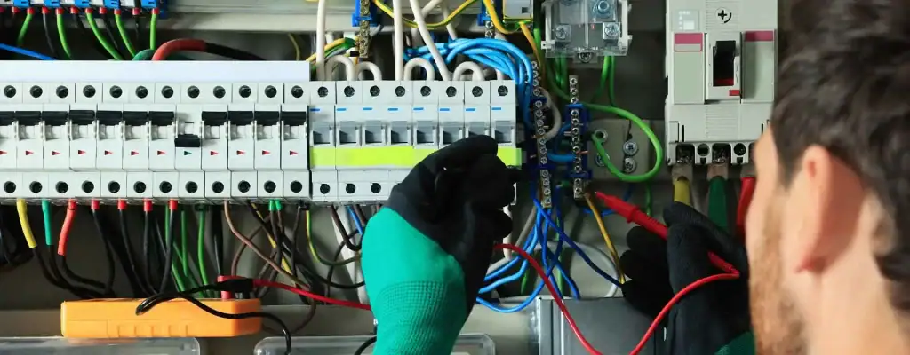 An electrician wearing green gloves works on a control panel filled with wires, switches, and circuit breakers, using tools to adjust or check the connections.