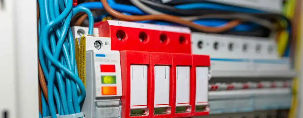 Close-up of an electrical panel with red circuit breakers, colored wiring, and indicator lights. Blue, brown, and yellow wires are organized around the breakers inside the panel.