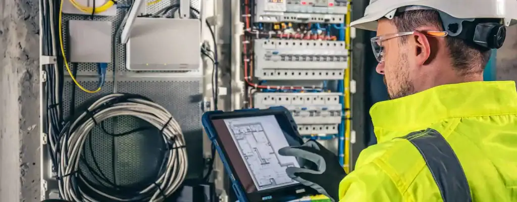 A worker wearing a hard hat, safety glasses, and a high-visibility jacket uses a tablet to view technical plans in front of an open electrical control panel with wires and circuit breakers.
