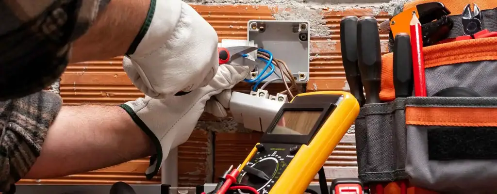 A person wearing white gloves uses pliers to work on electrical wiring in a wall socket, with a multimeter and a tool bag containing screwdrivers visible nearby.