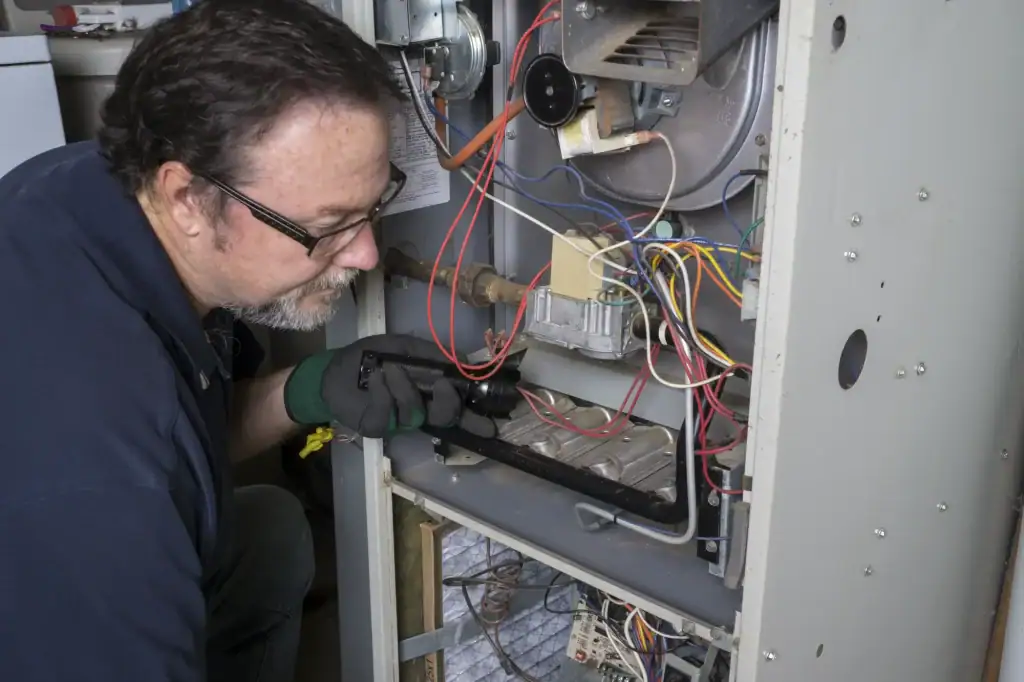 A technician wearing glasses and gloves uses a flashlight to inspect the wiring and components inside an open furnace or HVAC unit.