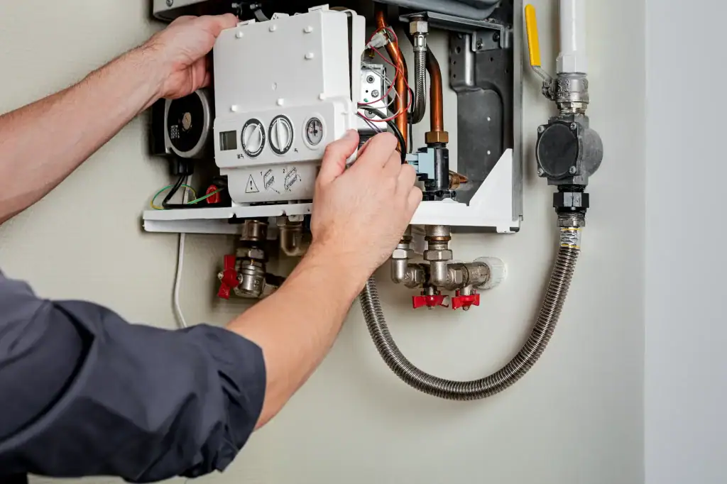 A person adjusts controls on an open wall-mounted gas boiler, exposing wires, pipes, and gauges during maintenance or repair work.