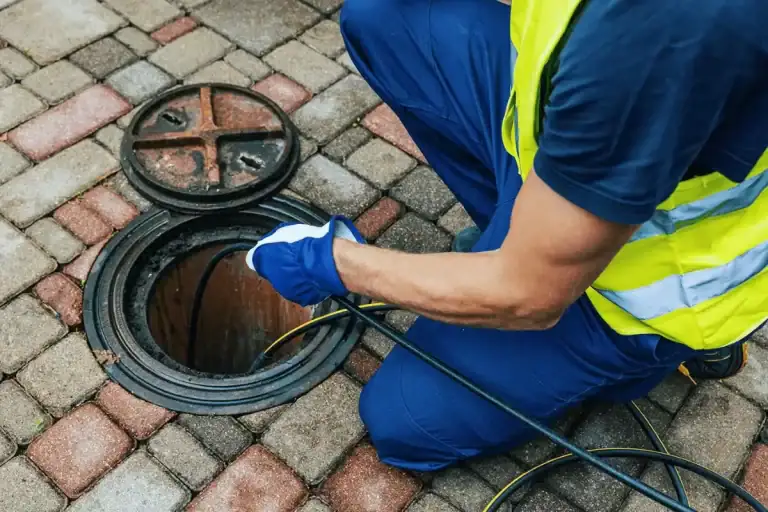 A worker in a high-visibility vest and gloves is using a cable to inspect or clean an open manhole on a brick-paved surface.