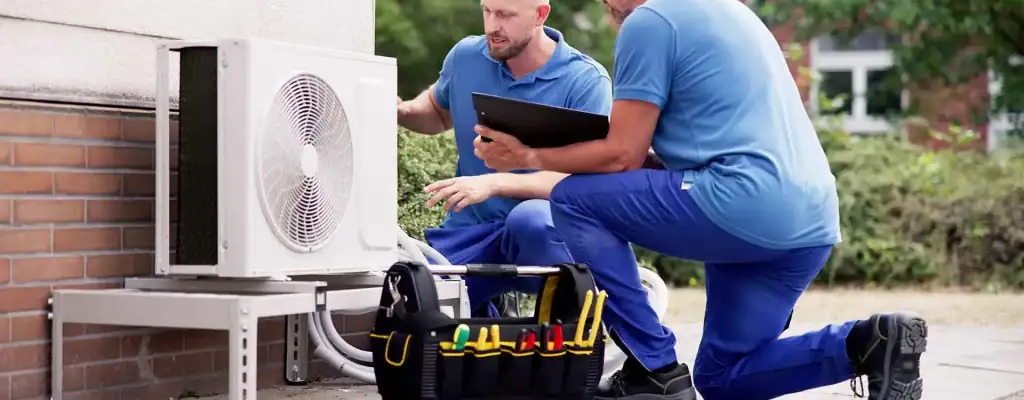 Two technicians in blue uniforms kneel beside an outdoor air conditioning unit, inspecting it with tools and a clipboard. A black tool bag filled with tools is on the ground in front of them.