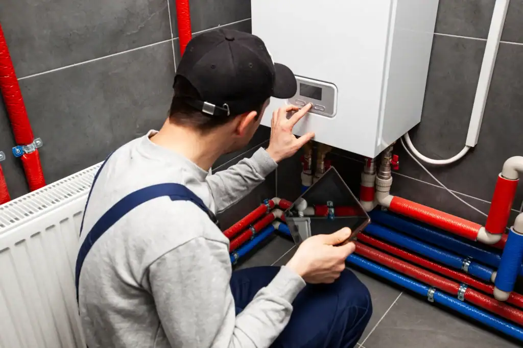 A technician in a cap and overalls adjusts a control panel on a wall-mounted heating boiler, holding a tablet. Red and blue insulated pipes are connected below the boiler in a tiled room.