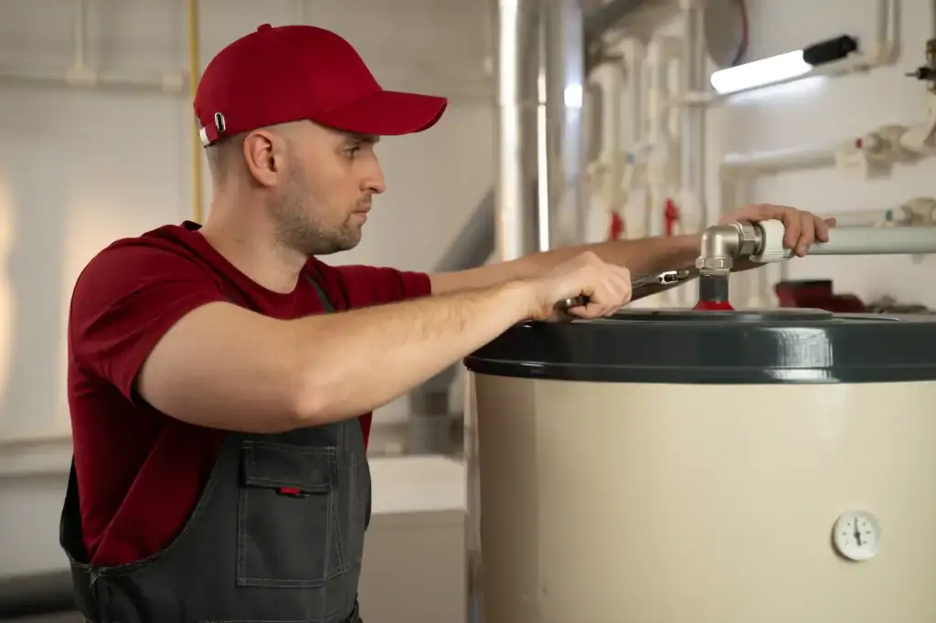 A man in a red cap and work overalls uses a wrench to adjust a valve on a large water heater tank in a utility room.