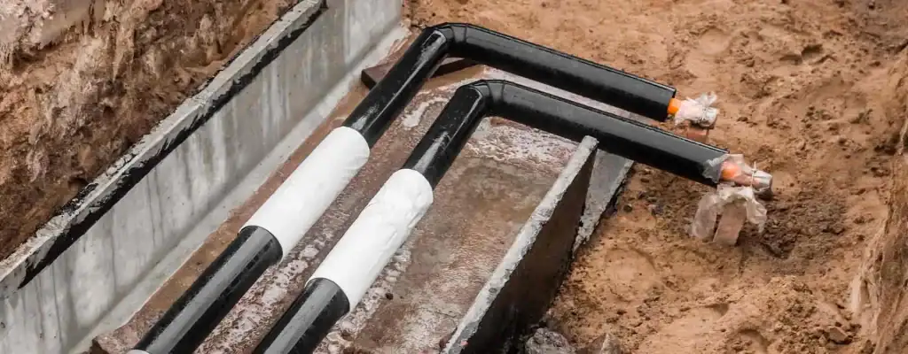 Two insulated black pipes with white sections run through a trench in sandy soil, turning at right angles and entering a concrete enclosure as part of an underground utility or heating system installation.